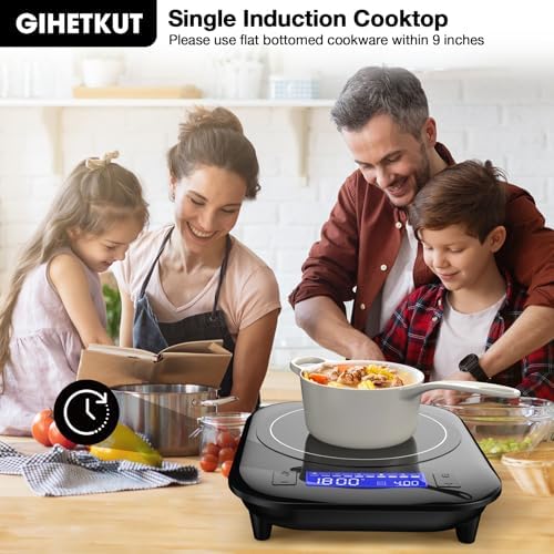 GIHETKUT Single Induction Cooktop,1800W 110V Single Burner Cooktop,Induction Hot Plate with 5 Cooking Modes, Electric burner with LCD touch control,9 Temperature Levels & 4H Timer,Overheat protection