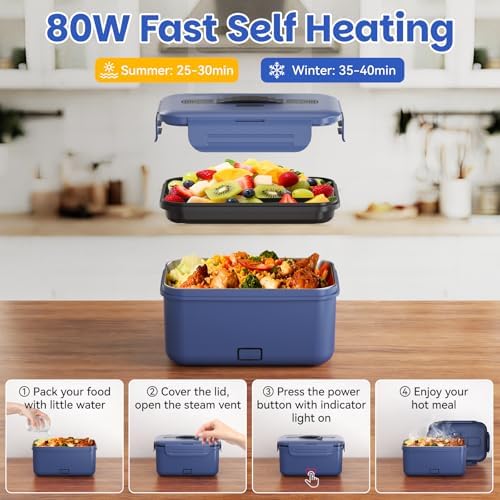 Vingud Cordless Electric Lunch Box for Adults, 1.8L Rechargeable Heated Lunch Box Food Warmer, Portable Self Heating for Men/Women/Office/Car, Lonchera Eléctrica Portátil Battery Powered Father's Gift