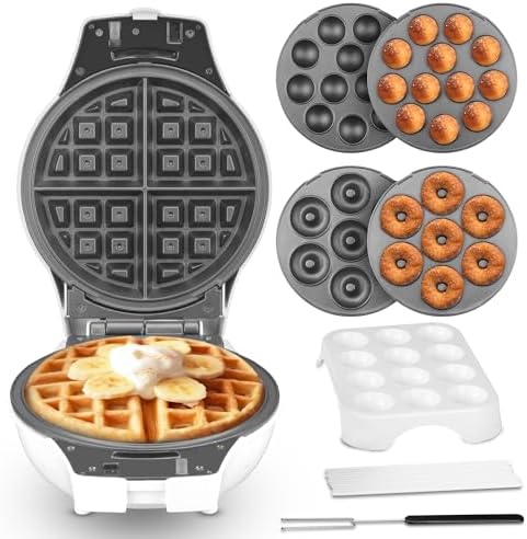 SugarWhisk Thick Belgian Waffle Maker with 3 Removable Plates, 7” Non Stick Belgian Waffle Iron Removable Plates, 3 in 1 Mini Donut Maker Machine, Cake Pop Maker Machine Set with Accessories & Tools