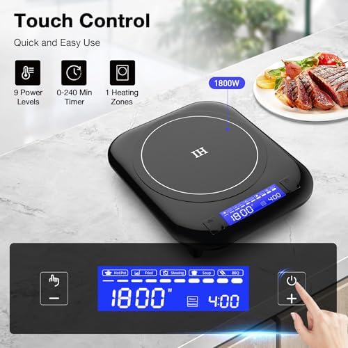 GIHETKUT Single Induction Cooktop,1800W 110V Single Burner Cooktop,Induction Hot Plate with 5 Cooking Modes, Electric burner with LCD touch control,9 Temperature Levels & 4H Timer,Overheat protection