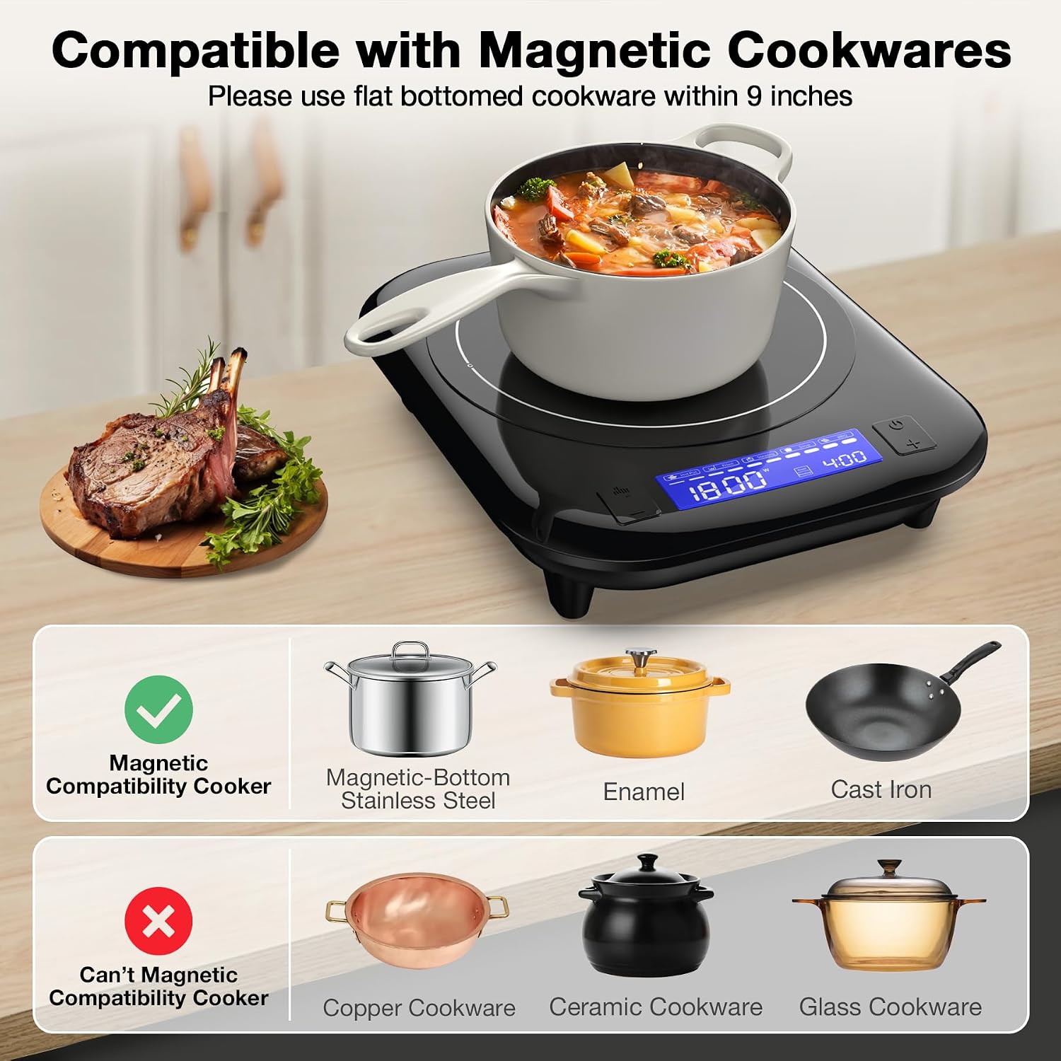 GIHETKUT Single Induction Cooktop,1800W 110V Single Burner Cooktop,Induction Hot Plate with 5 Cooking Modes, Electric burner with LCD touch control,9 Temperature Levels & 4H Timer,Overheat protection