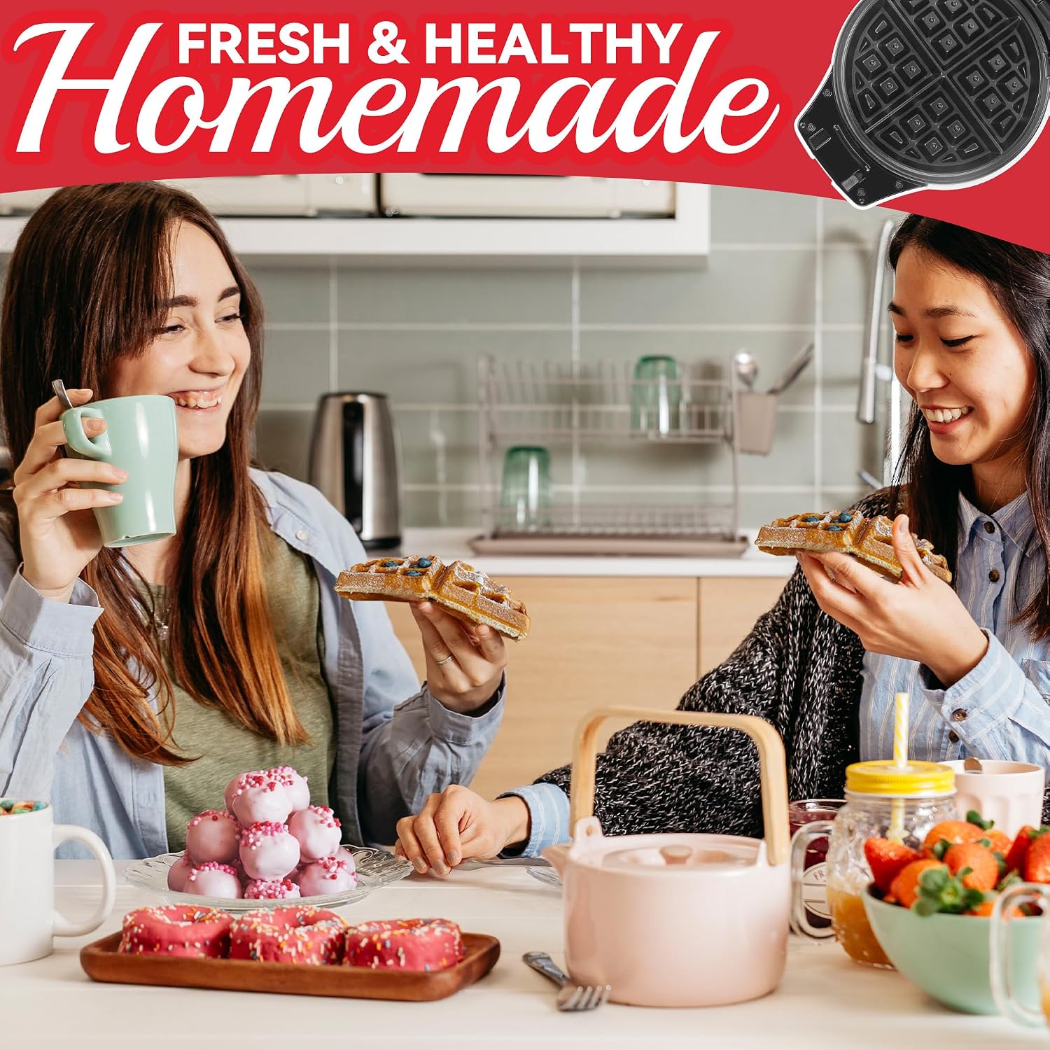 SugarWhisk Thick Belgian Waffle Maker with 3 Removable Plates, 7” Non Stick Belgian Waffle Iron Removable Plates, 3 in 1 Mini Donut Maker Machine, Cake Pop Maker Machine Set with Accessories & Tools