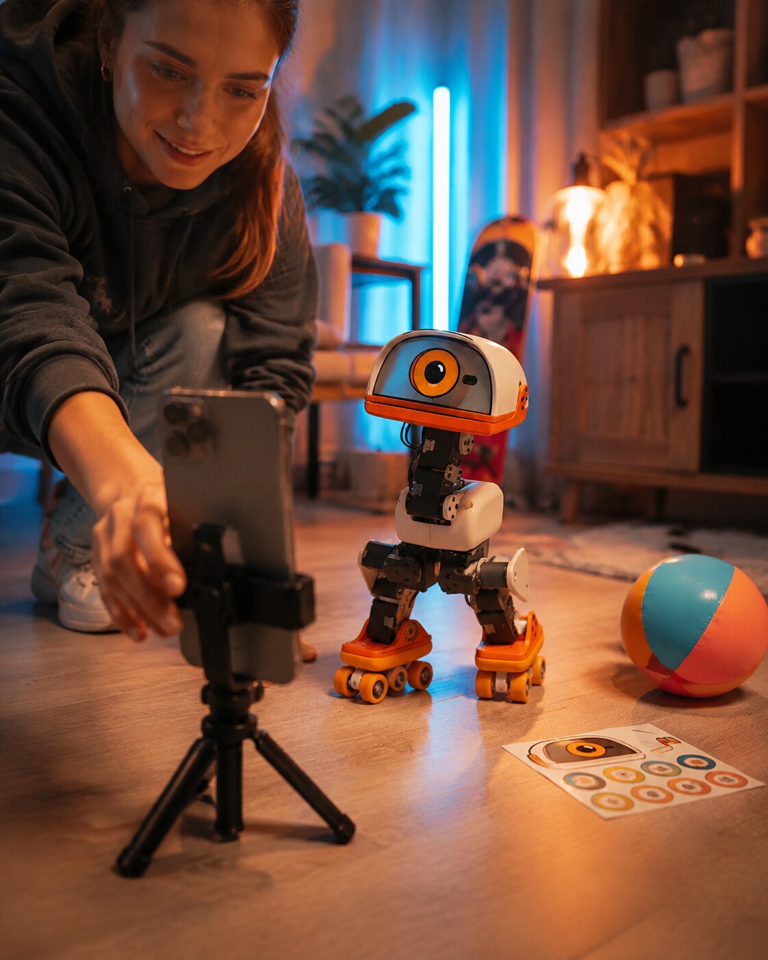 A creator films Microduck roller-skating and dancing