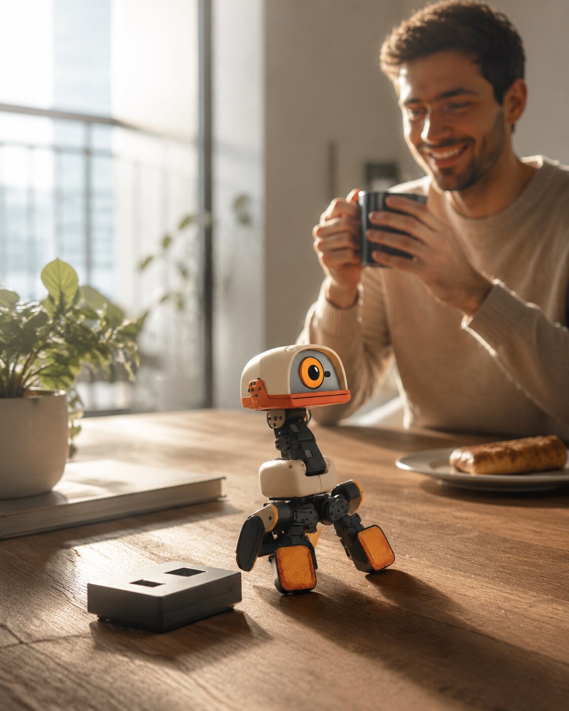 Microduck Life Companion greeting its owner at breakfast