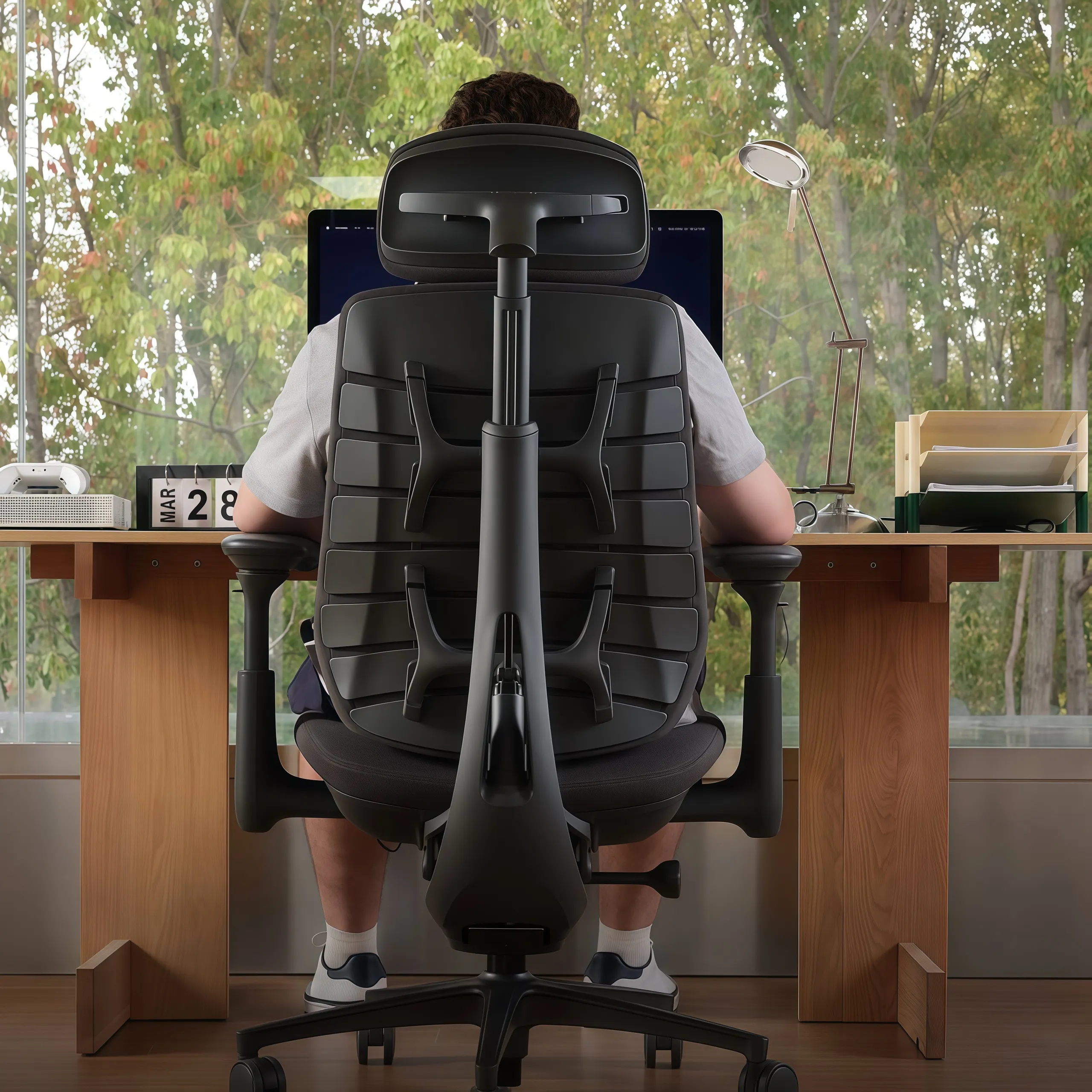 Ergonomic chair supporting someone seated at a desk