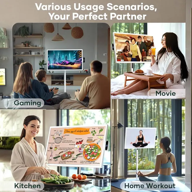 Black portable touchscreen display on adjustable stand