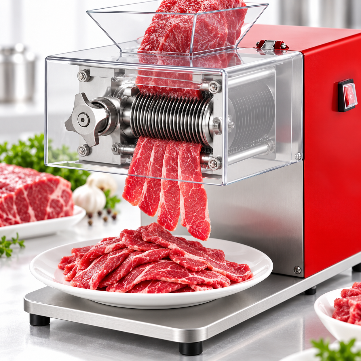 Forty-eight stainless-steel blades producing uniform 3.5 mm meat slices