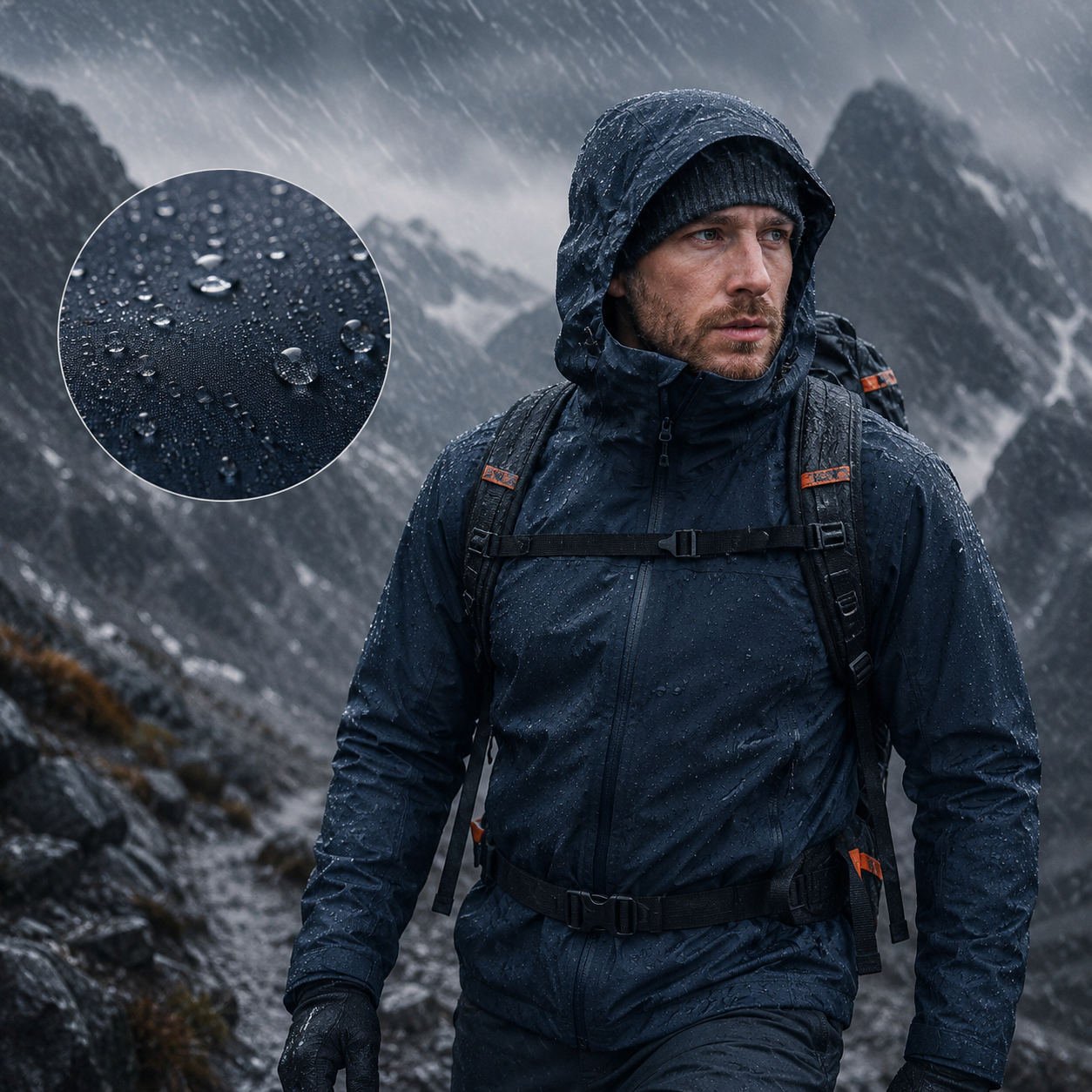 Waterproof protection in heavy alpine rain