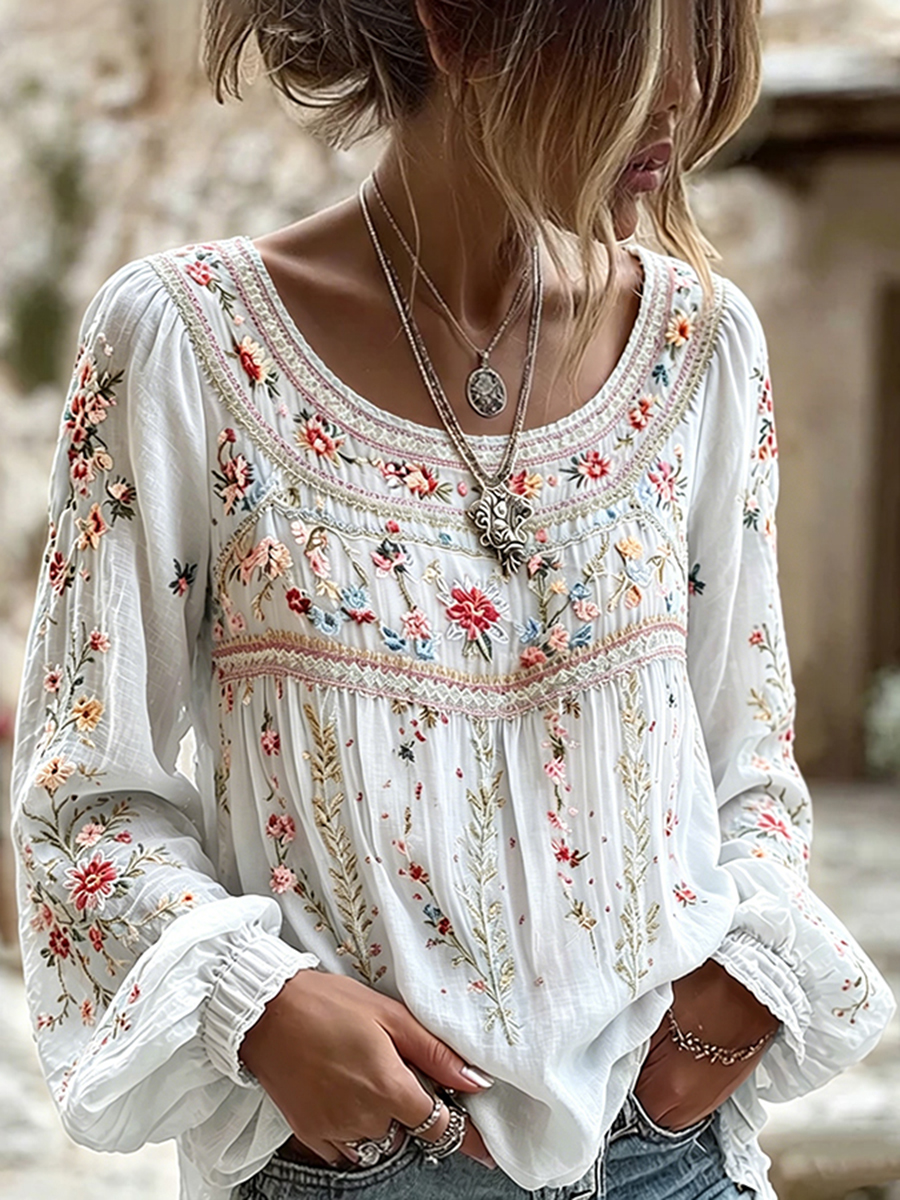 Women's Floral Embroidered Long Sleeve Peplum Blouse