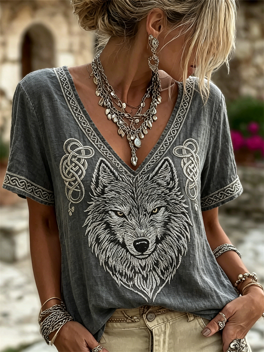 Women's Viking Wolf Fenrir Celtic Knot Print linen T-shirt
