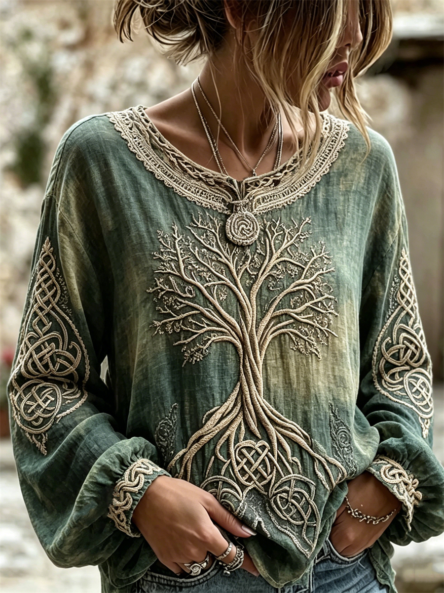 Women's Vintage Viking Tree of Life Celtic Knot Bleached Print Cotton-Linen Shirt