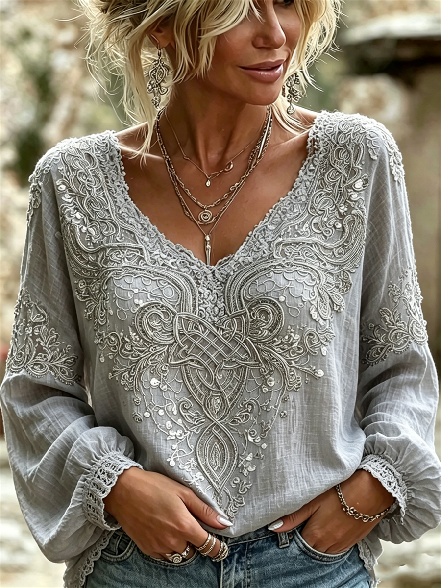Women's Classy Viking Celtic Knot Floral Lace Print Cotton-Linen Shirt