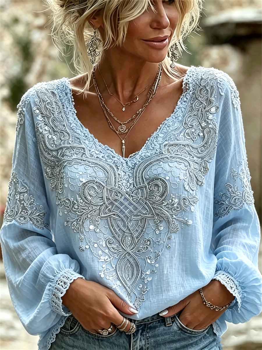 Women's Classy Viking Celtic Knot Floral Lace Print Cotton-Linen Shirt