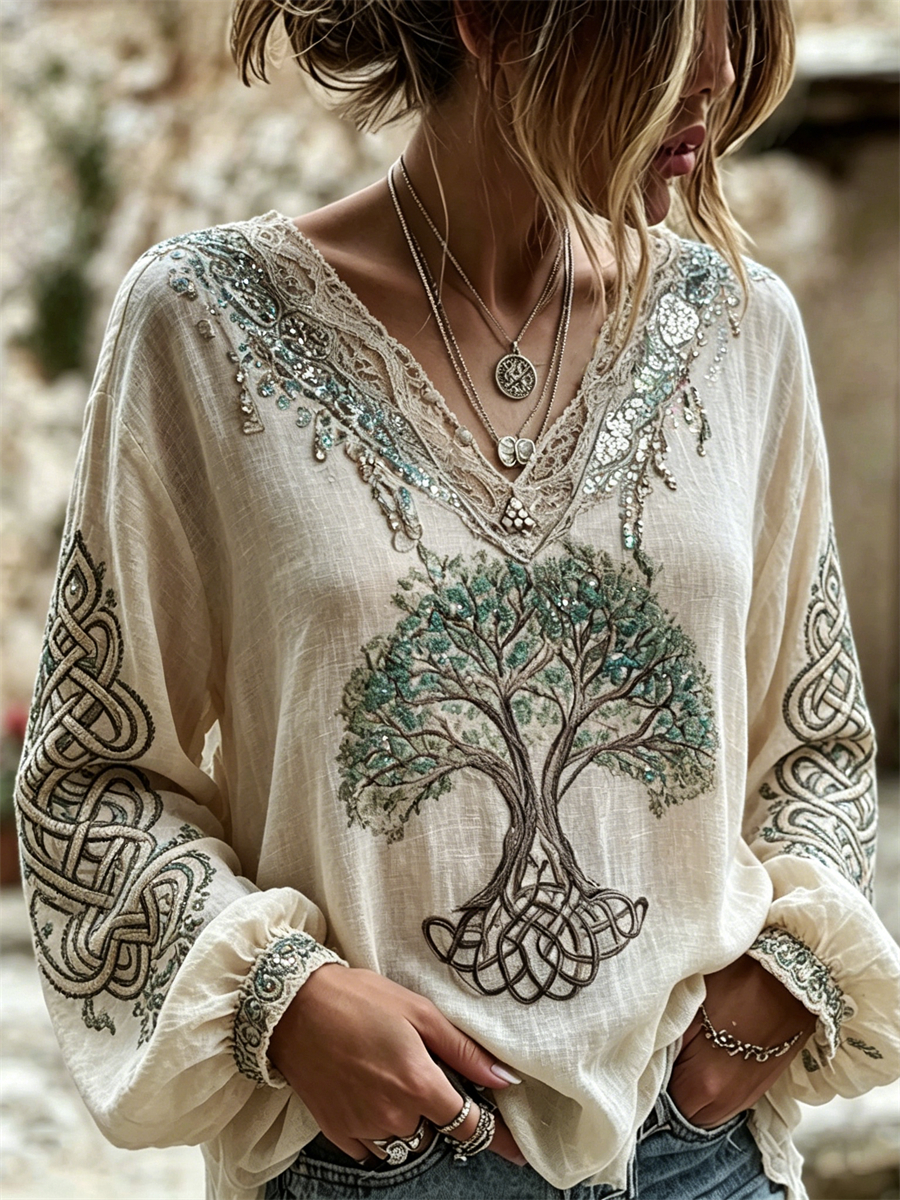 Women's Vintage Viking Tree of Life Celtic Knot Print Cotton-Linen Shirt
