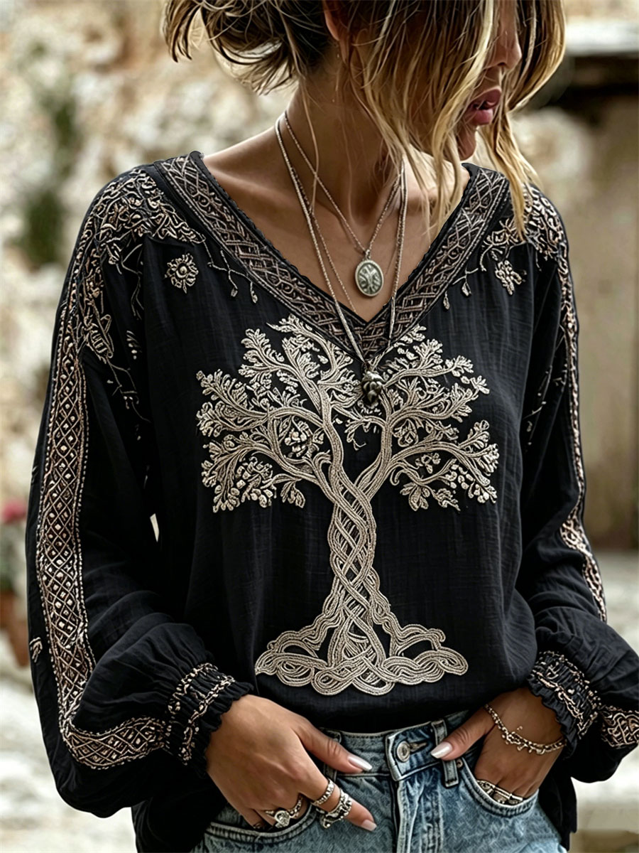 Women's Classy Viking Tree of Life Celtic Knot Print V Neck Cotton-Linen Shirt