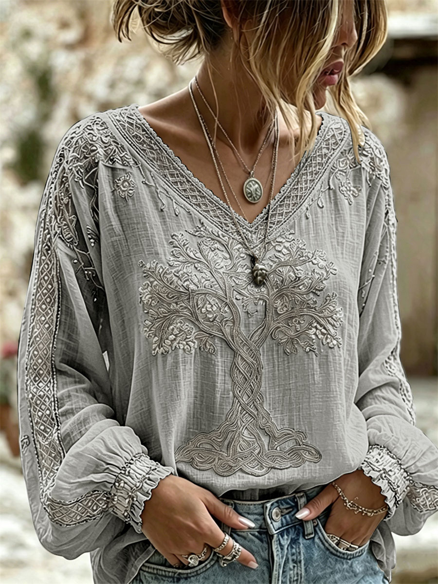 Women's Classy Viking Tree of Life Celtic Knot Print V Neck Cotton-Linen Shirt