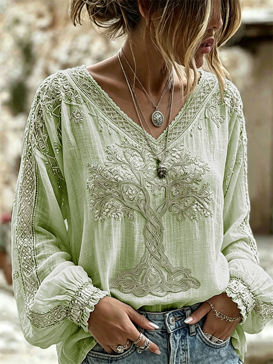 Women's Classy Viking Tree of Life Celtic Knot Print V Neck Cotton-Linen Shirt