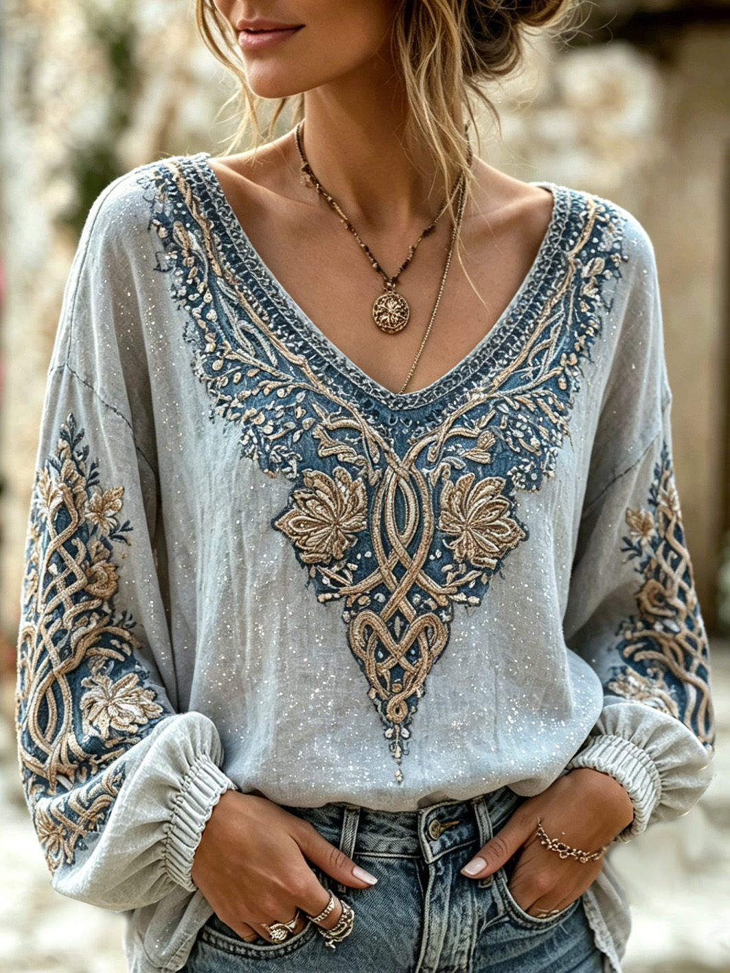 Women's Viking plant flower pattern printed casual cotton and linen shirt