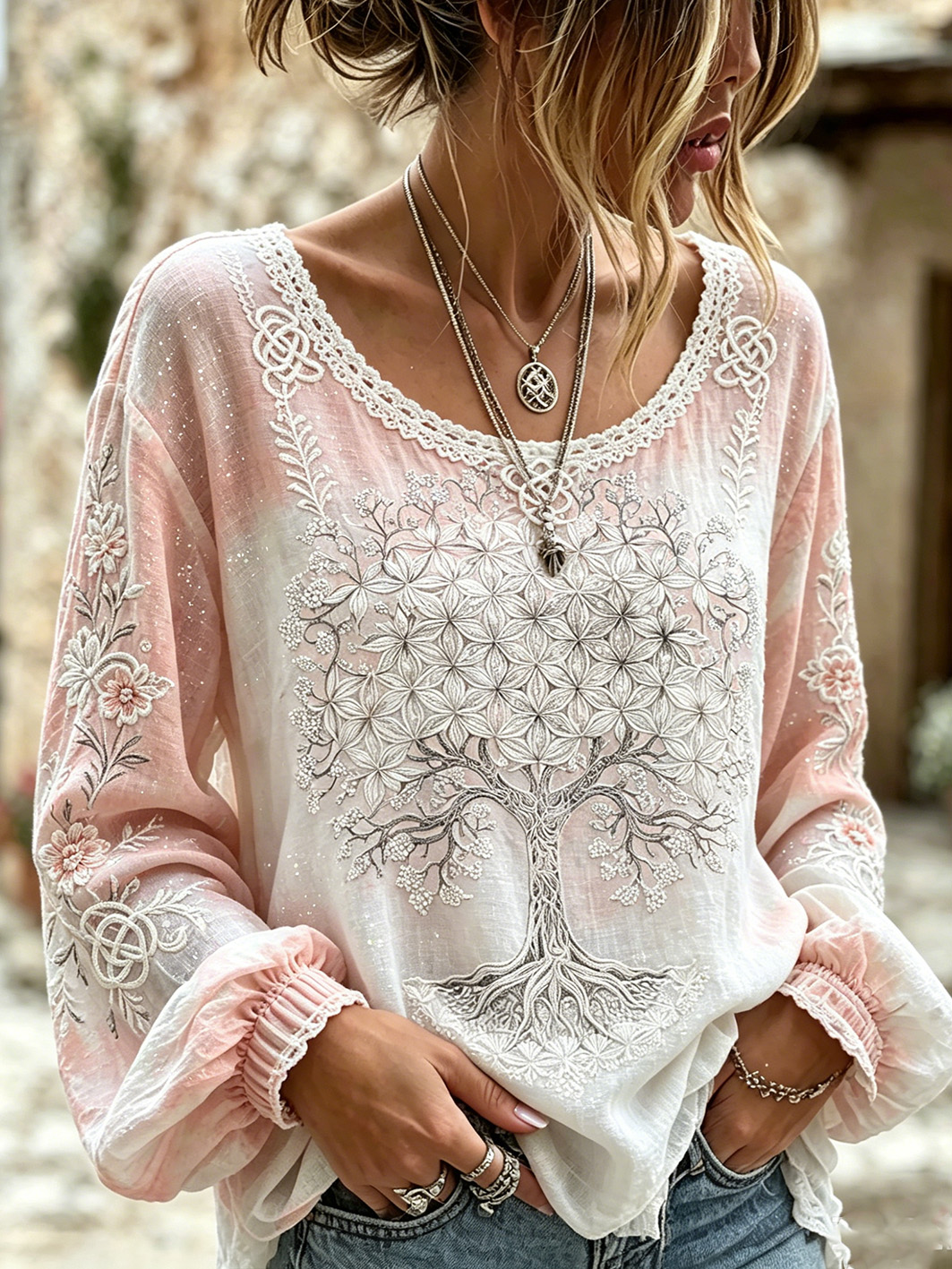 Women's plant flower Viking pattern printed casual cotton and linen shirt