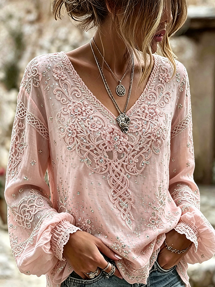 Women's Vintage Floral Viking Celtic Print Cotton-Linen Shirt