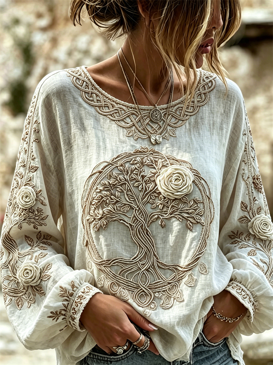 Women's Classy Viking Tree of Life White Roses Celtic Knot Print Cotton-Linen Shirt