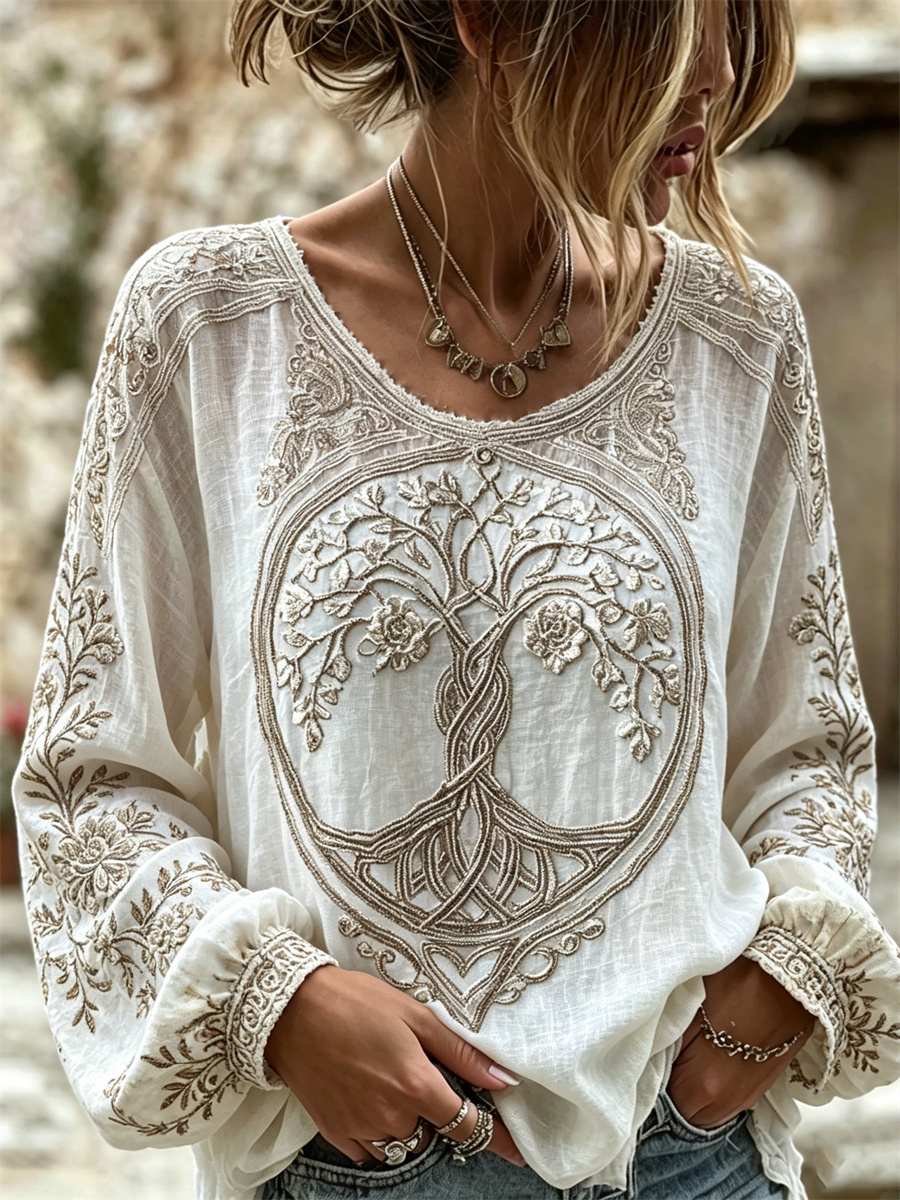 Women's Classy Floral Viking Tree of Life Celtic Knot Print Cotton-Linen Shirt