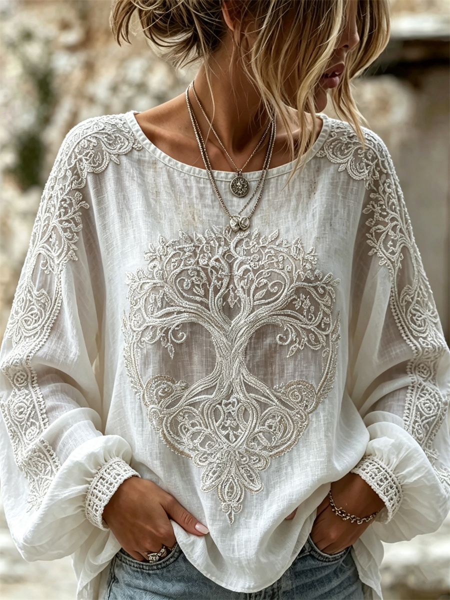 Women's Classy Viking Tree of Life Celtic Knot Floral Lace Print Cotton-Linen Shirt