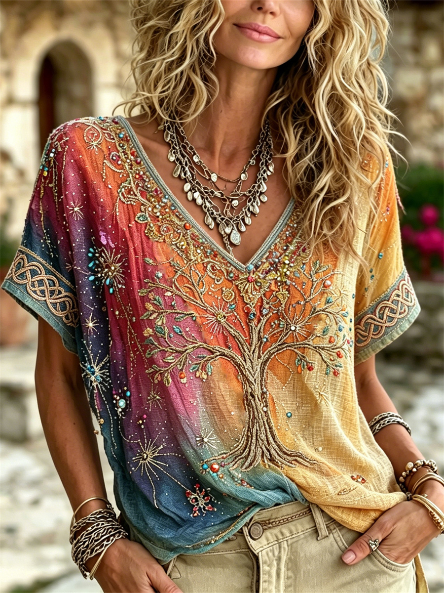 Women's Viking Tree of Life Hippie Art Print Gradient Color linen short-sleeved T-shirt