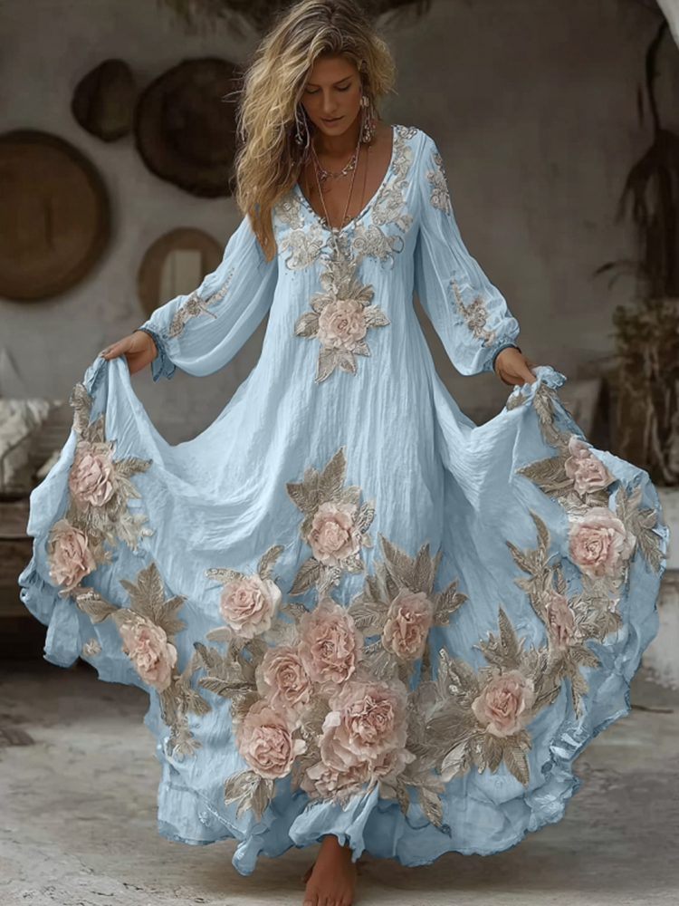 Women's Vintage Pink Floral Embroidery Art Comfy Linen Maxi Dress