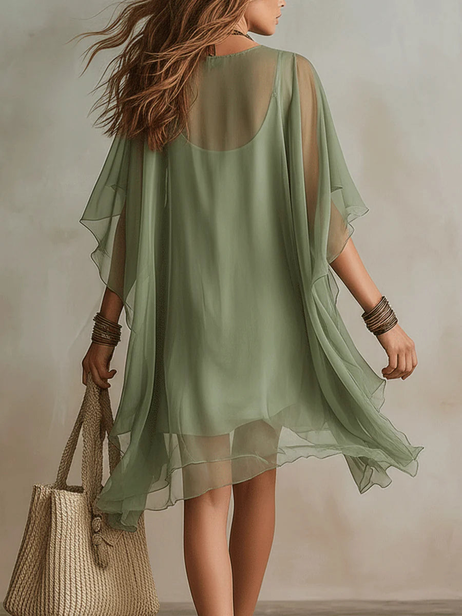 Loose-fitting, Flowy V-neck Chiffon Dress