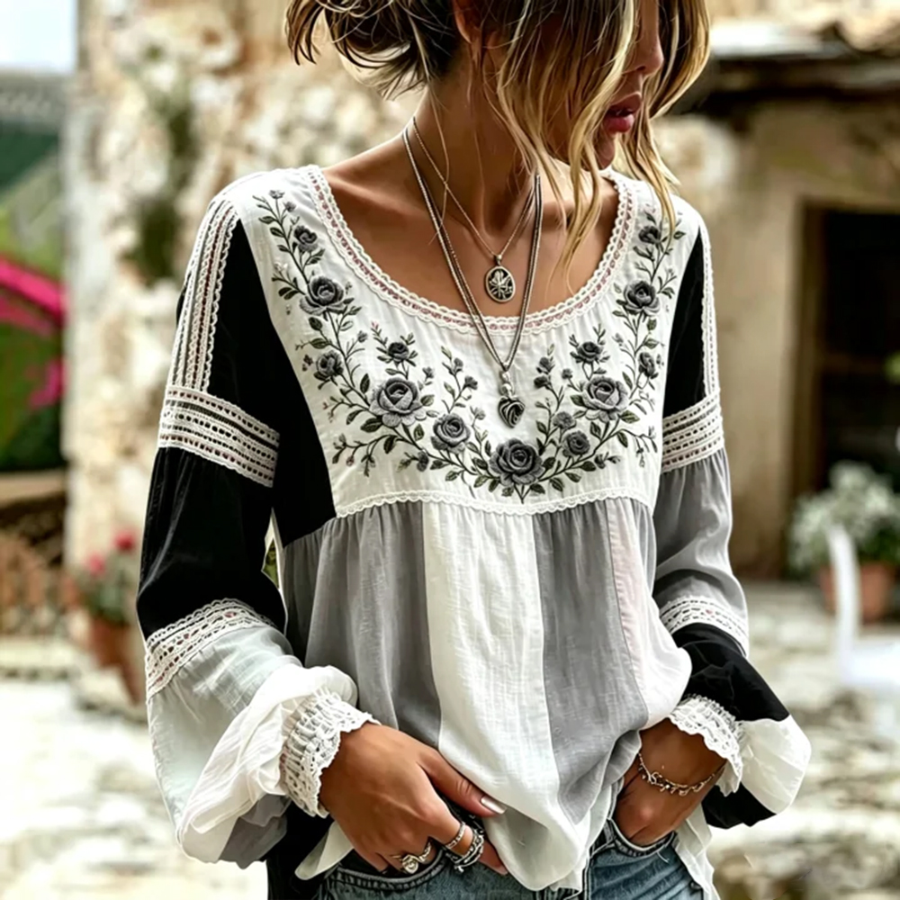 Women's Retro Rose Art Embroidery Color Block Comfortable Cotton Linen Long Sleeve Top