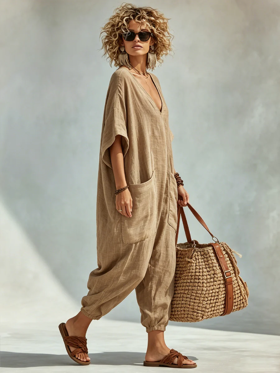Oversized Linen-look Cotton V-neck Harem Jumpsuit