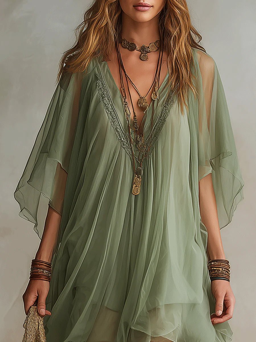 Loose-fitting, Flowy V-neck Chiffon Dress