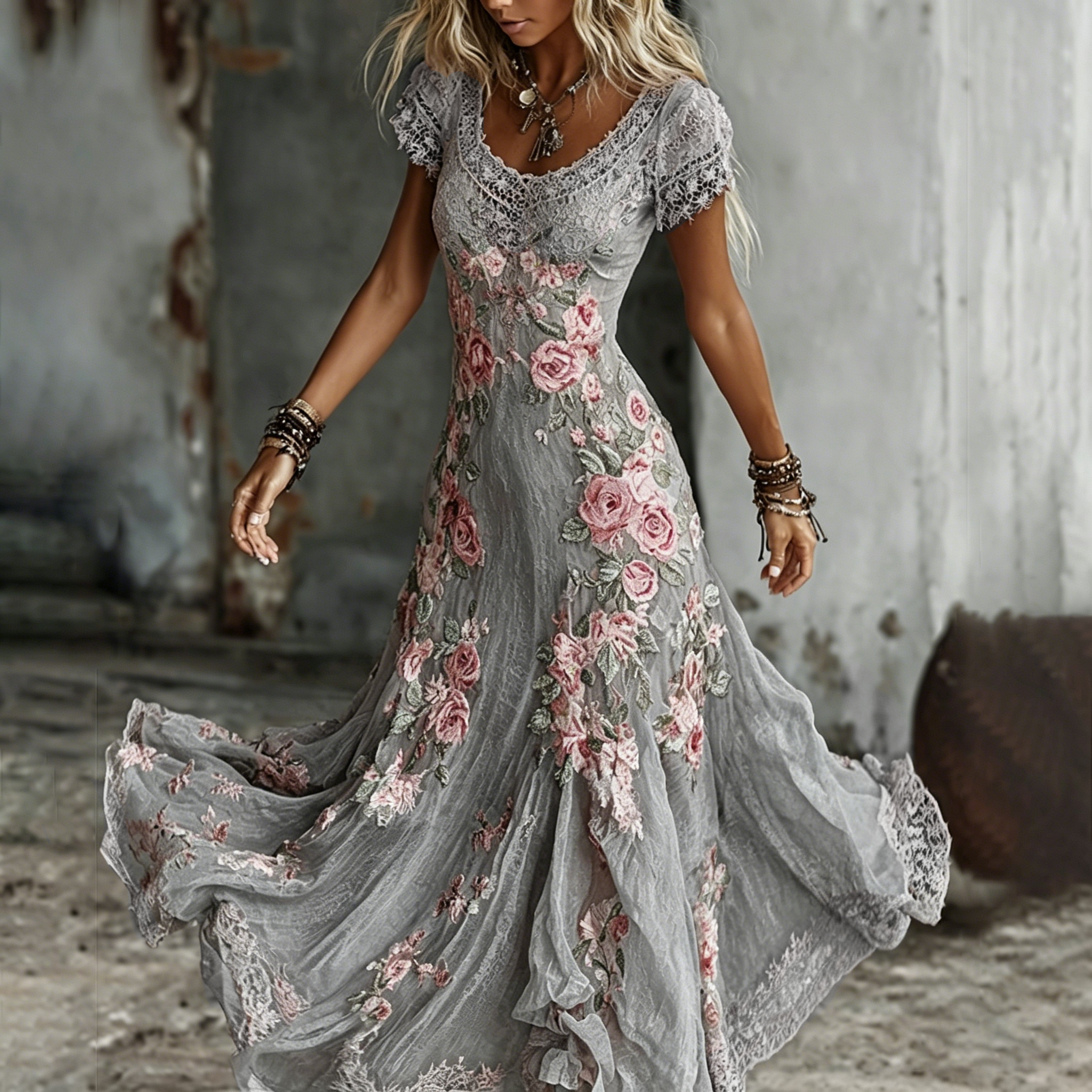 Women's Bohemia Rose Floral Embroidered Art Flowy Maxi Dress