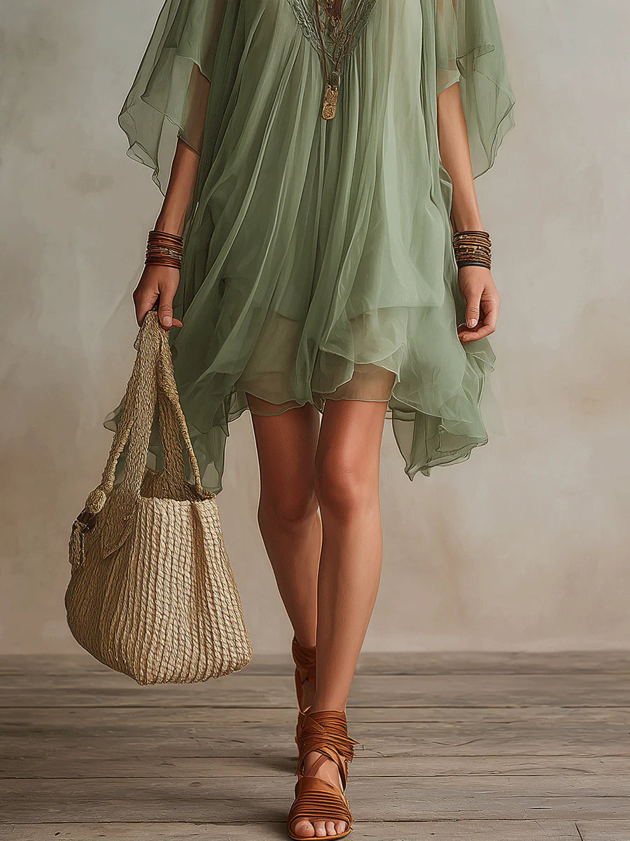 Loose-fitting, Flowy V-neck Chiffon Dress