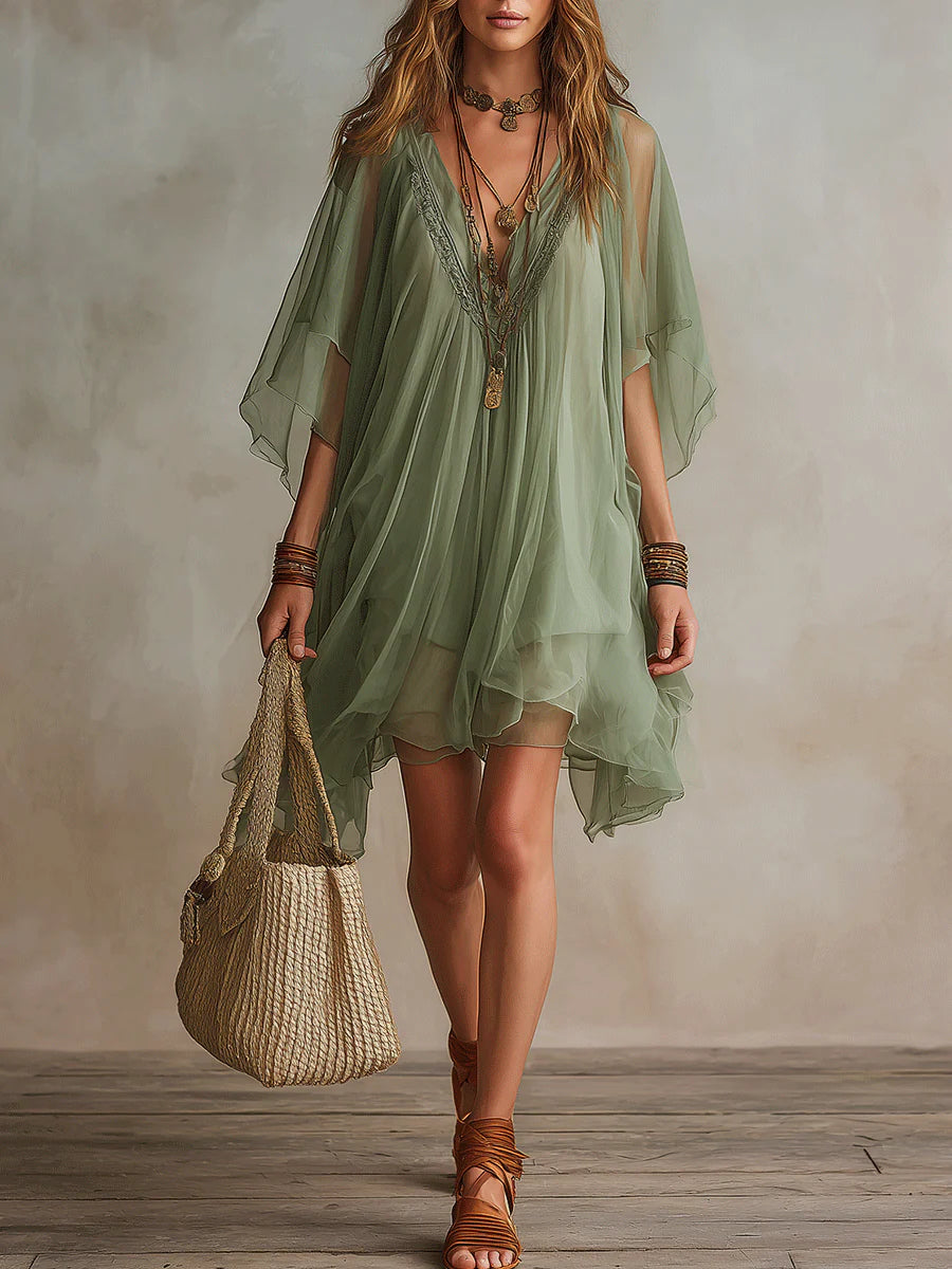 Loose-fitting, Flowy V-neck Chiffon Dress