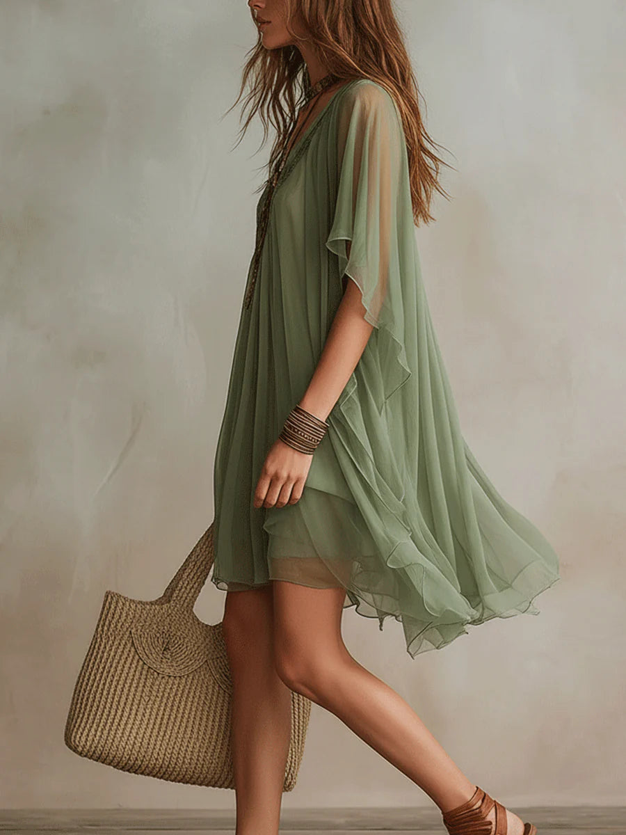 Loose-fitting, Flowy V-neck Chiffon Dress