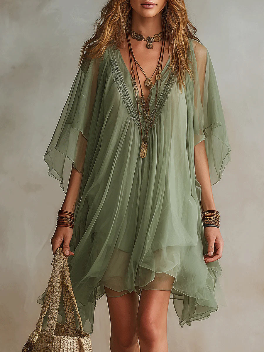 Loose-fitting, Flowy V-neck Chiffon Dress