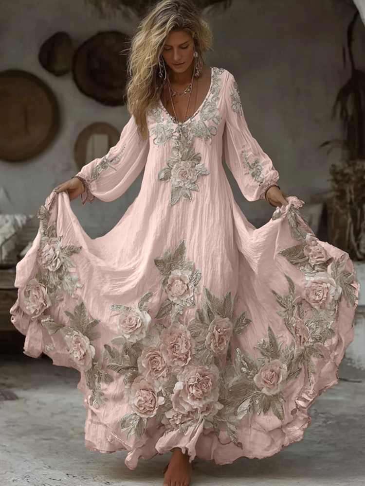 Women's Vintage Pink Floral Embroidery Art Comfy Linen Maxi Dress