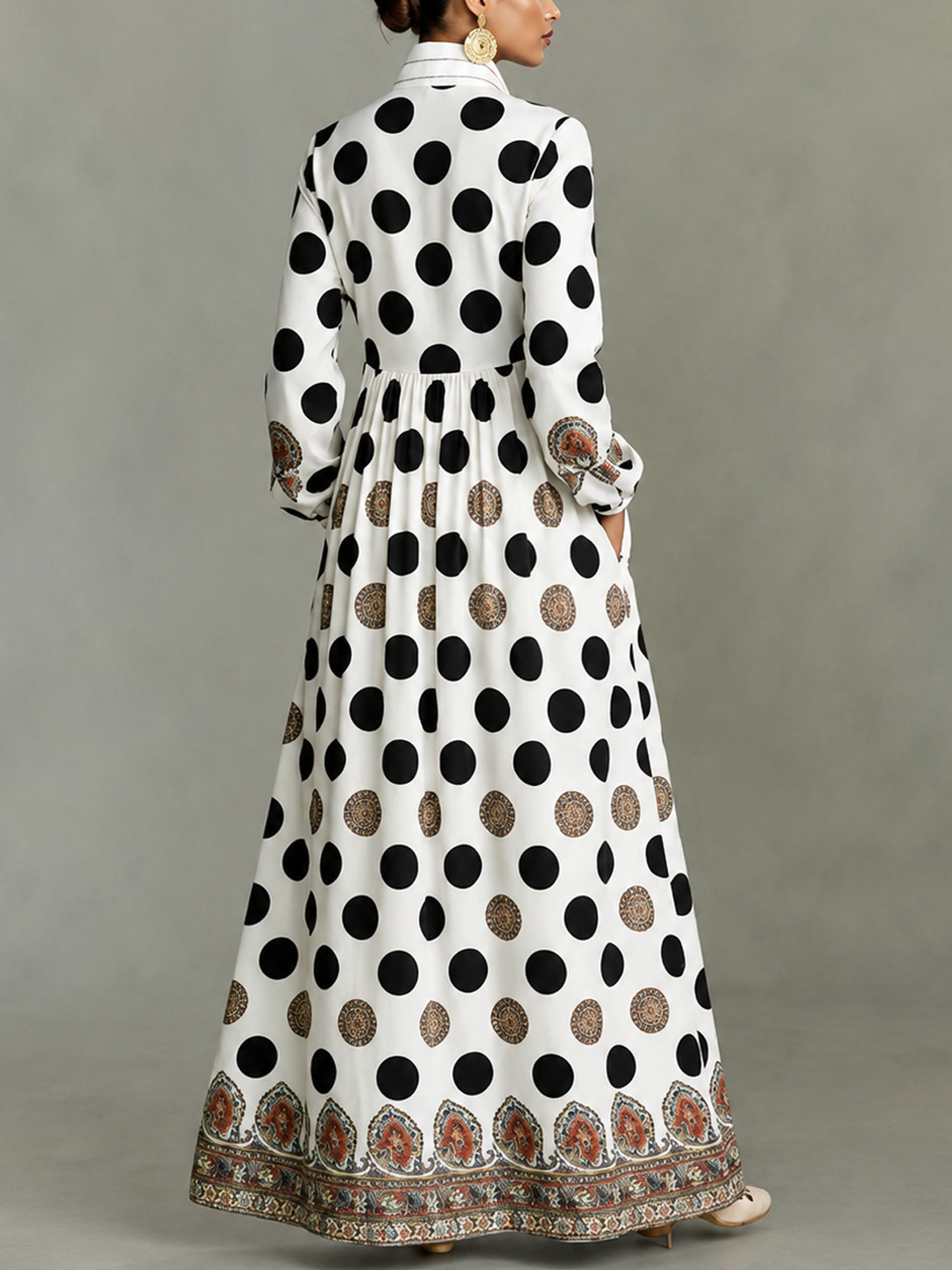 Classic Totem & Polka Dot Color-block Dress With Lapel, Cinched Waist, And Flared Skirt