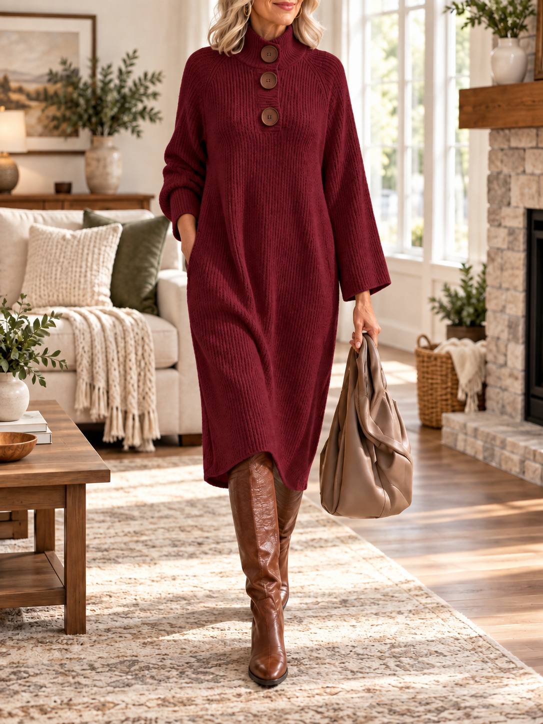 Women’s Ribbed Button Sweater Dress – Cozy Everyday Wear