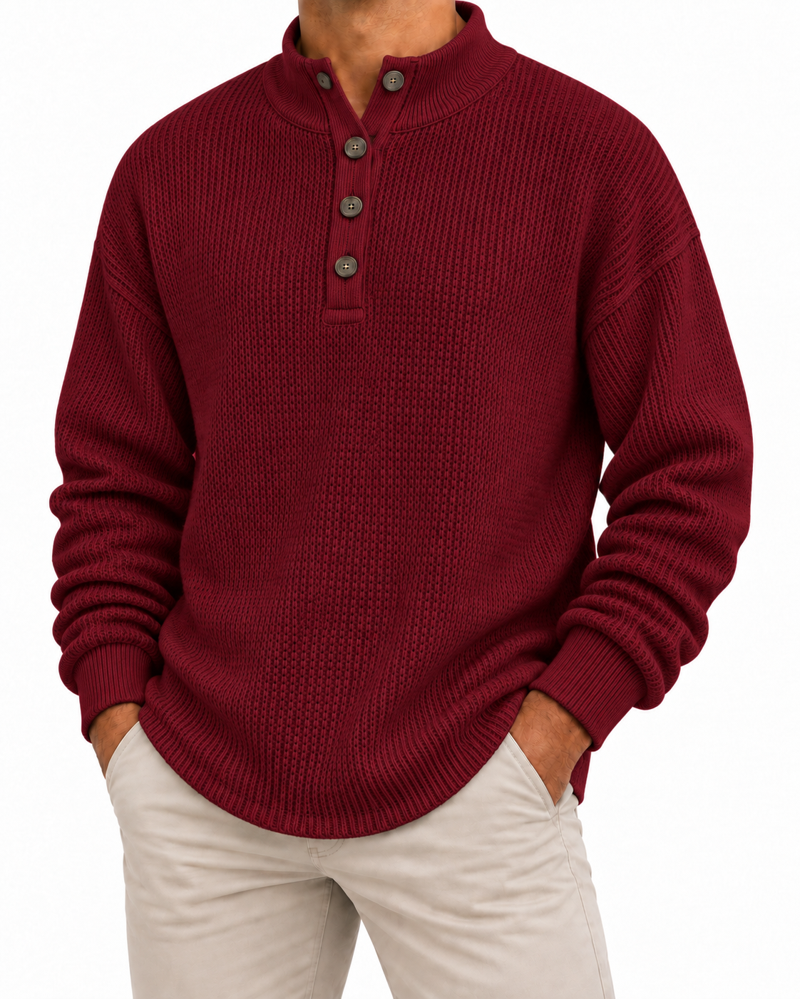 Men’s Waffle Knit Henley Sweater – Soft Warmth for Everyday Wear