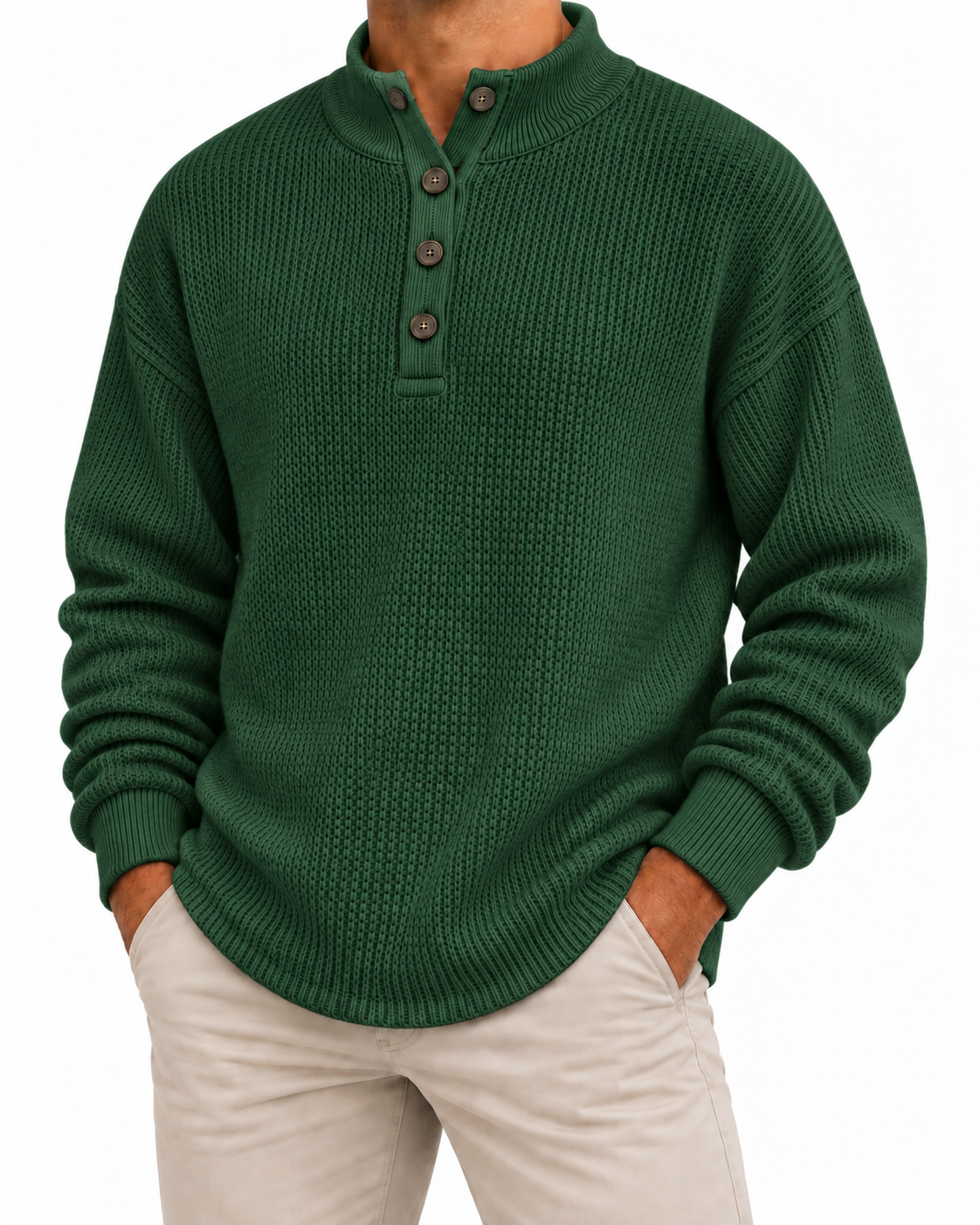 Men’s Waffle Knit Henley Sweater – Soft Warmth for Everyday Wear