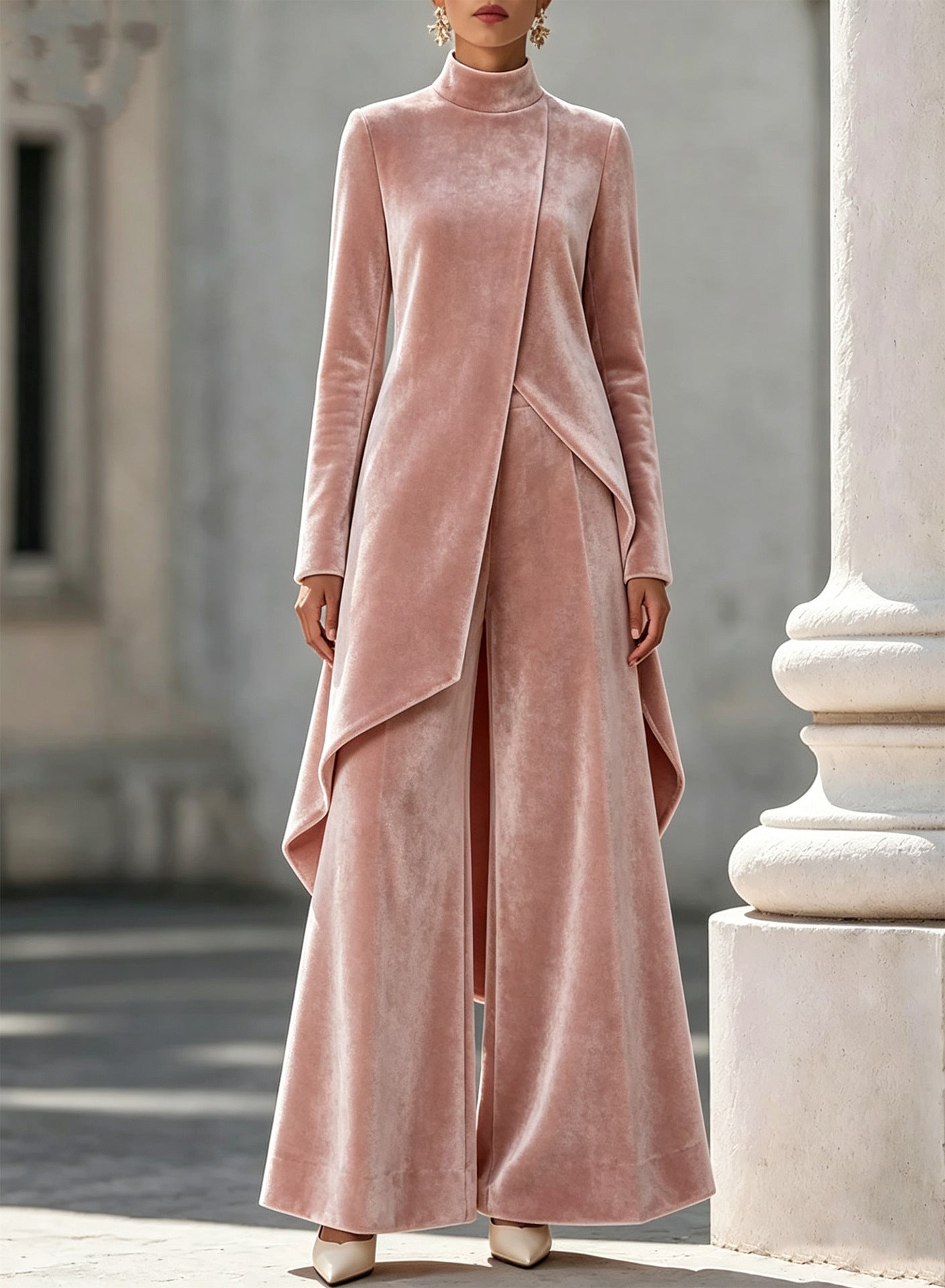 Women Velvet 2 Piece Pant Set, High Neck Long Sleeve Asymmetric Top & Wide Leg Pants Outfit