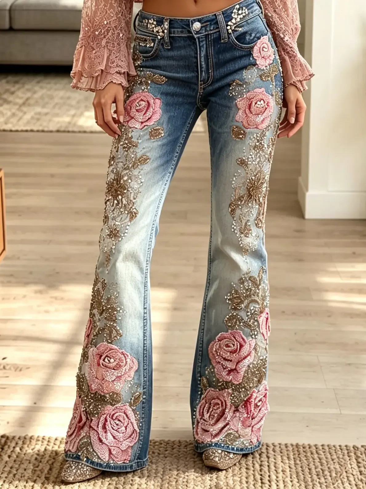 Women Floral Embroidery Flare Jeans, Mid Rise Stretch Denim Bell Bottom Pants