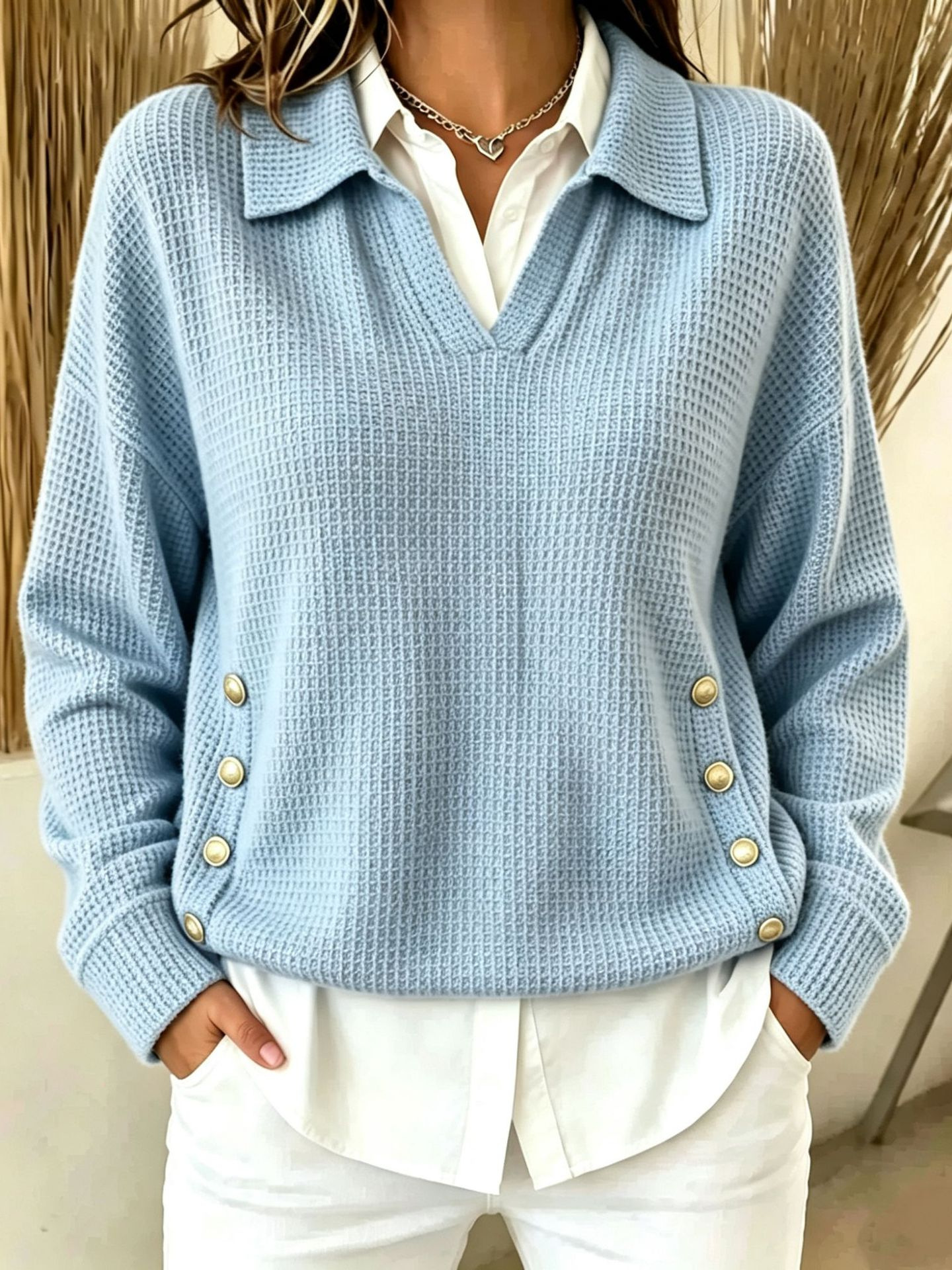 Women's Relaxed Collared Waffle-Knit Side-Button Sweater