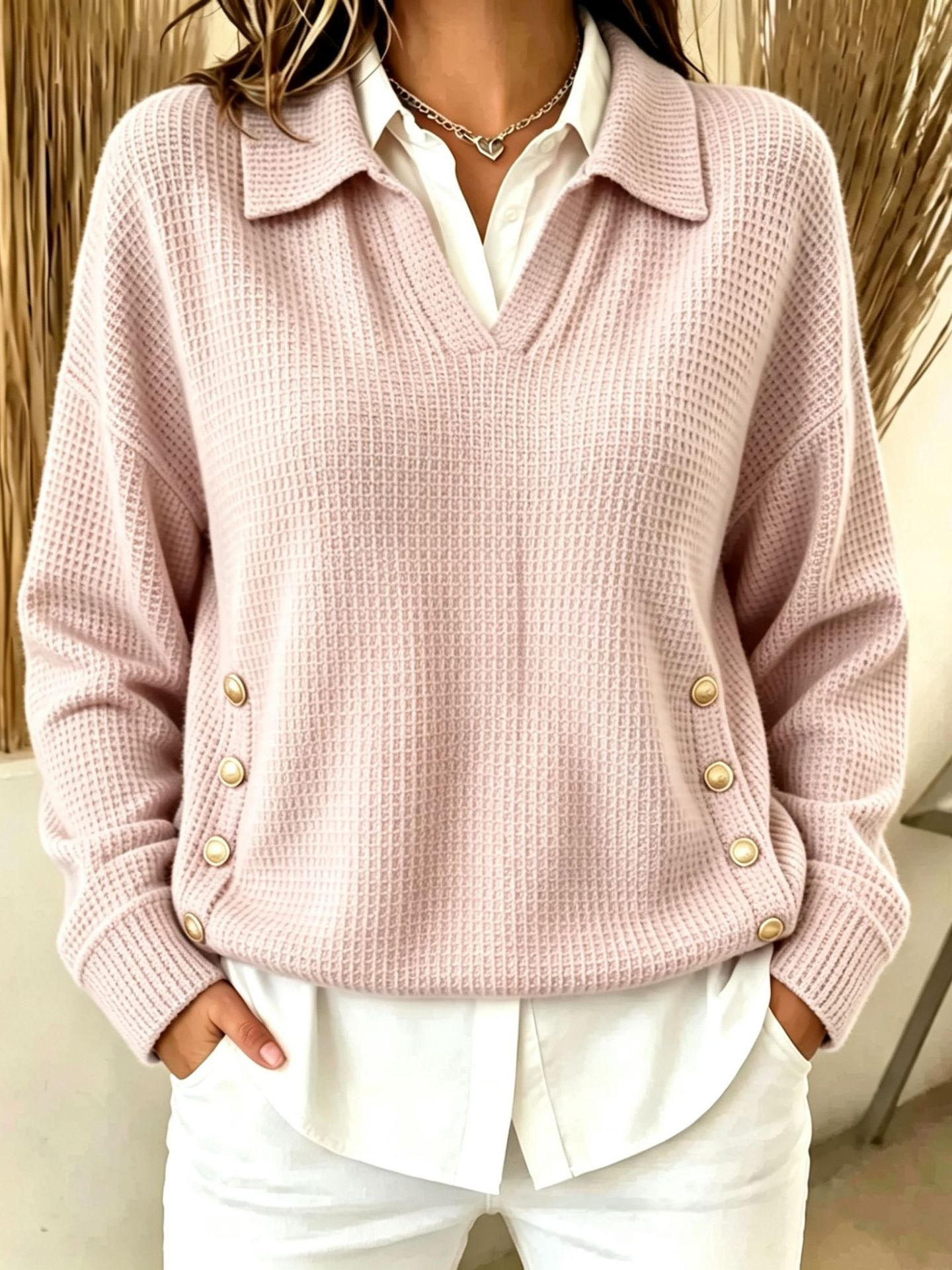 Women's Relaxed Collared Waffle-Knit Side-Button Sweater
