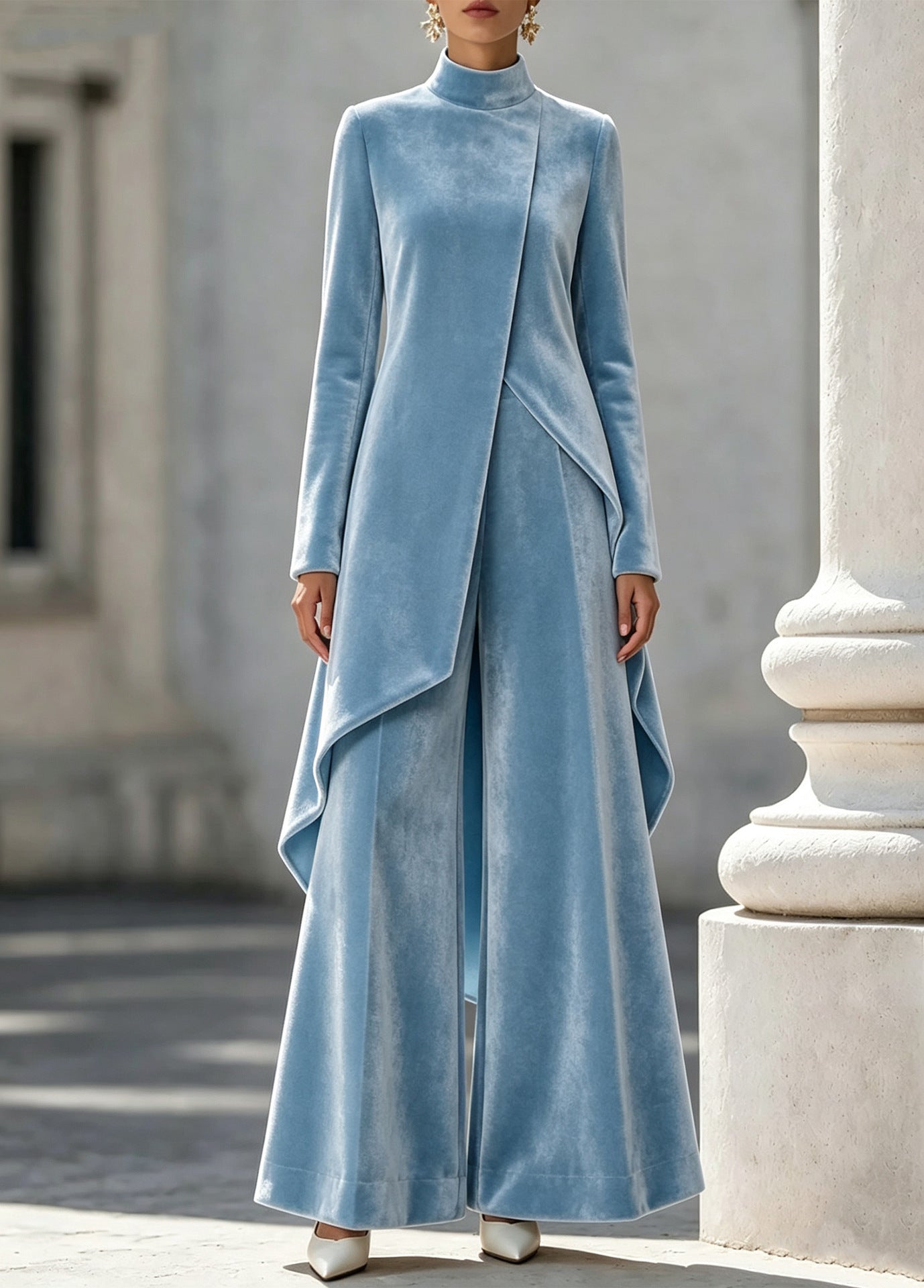 Women Velvet 2 Piece Pant Set, High Neck Long Sleeve Asymmetric Top & Wide Leg Pants Outfit