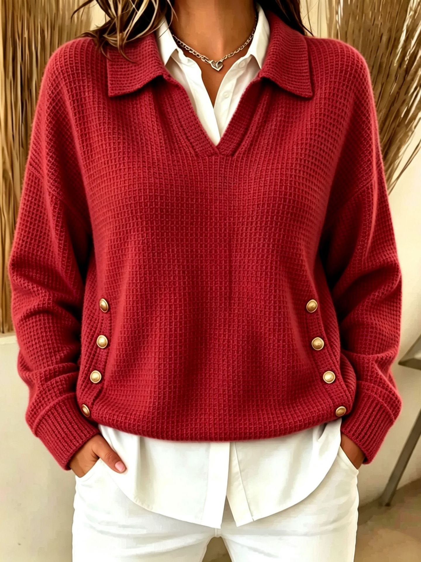 Women's Relaxed Collared Waffle-Knit Side-Button Sweater