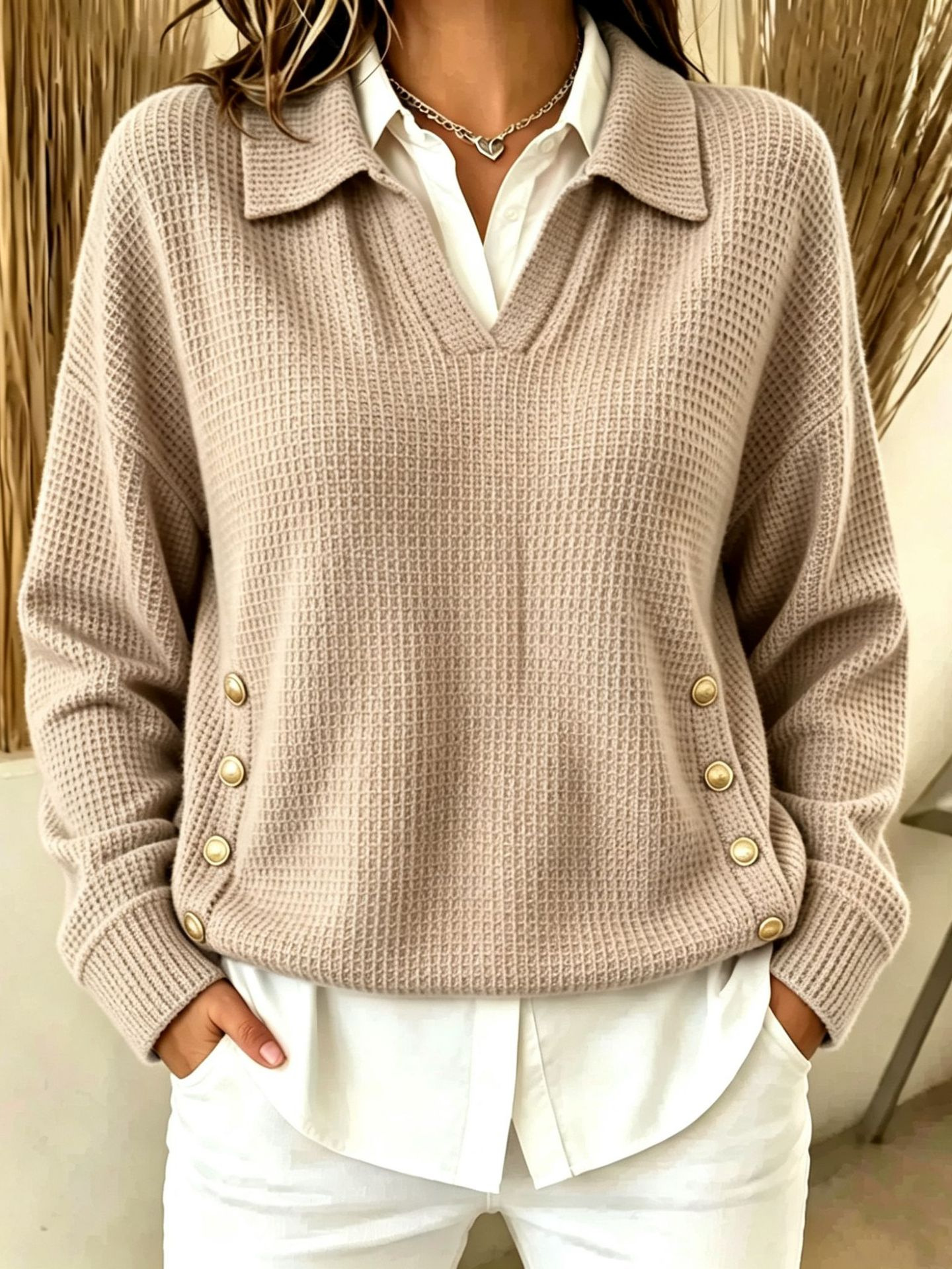 Women's Relaxed Collared Waffle-Knit Side-Button Sweater